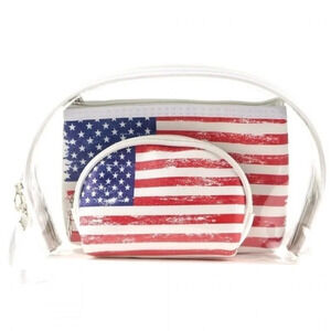 boutique NWT American flag clear 3pc travel pouch set makeup cosmetic bags